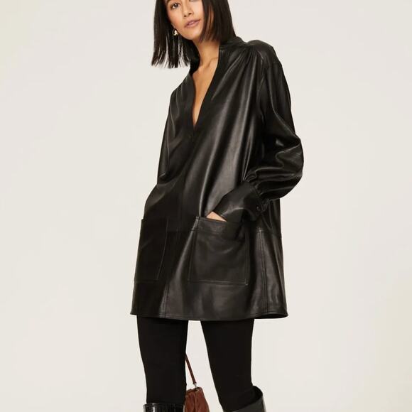 Rebecca Taylor Black Faux Leather Mini Tunic Dress SMALL Designer $295 Flaw - Picture 1 of 11